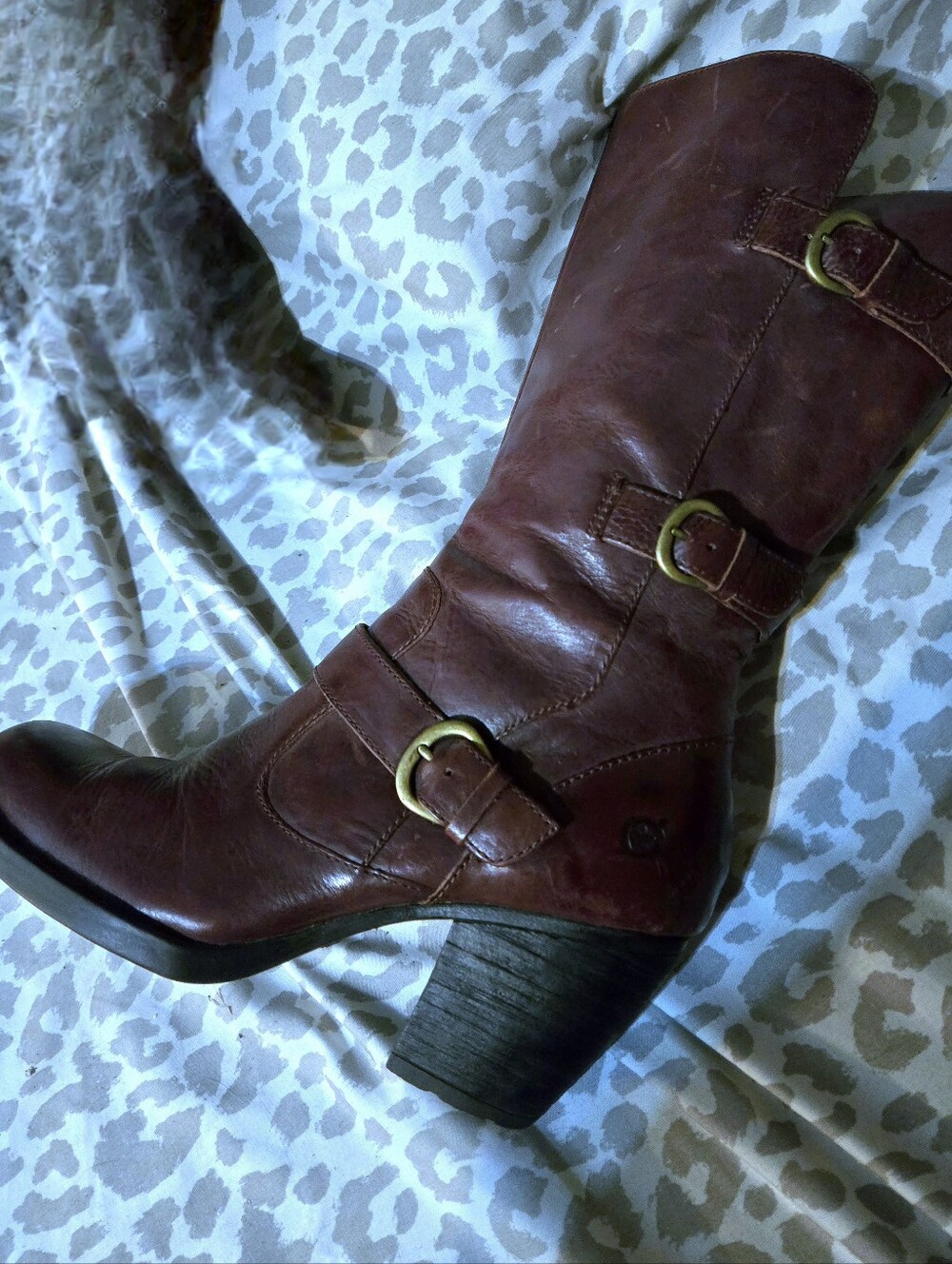 Born Tall Brown Leather Boots With Gold Buckle Strap Size 8.5